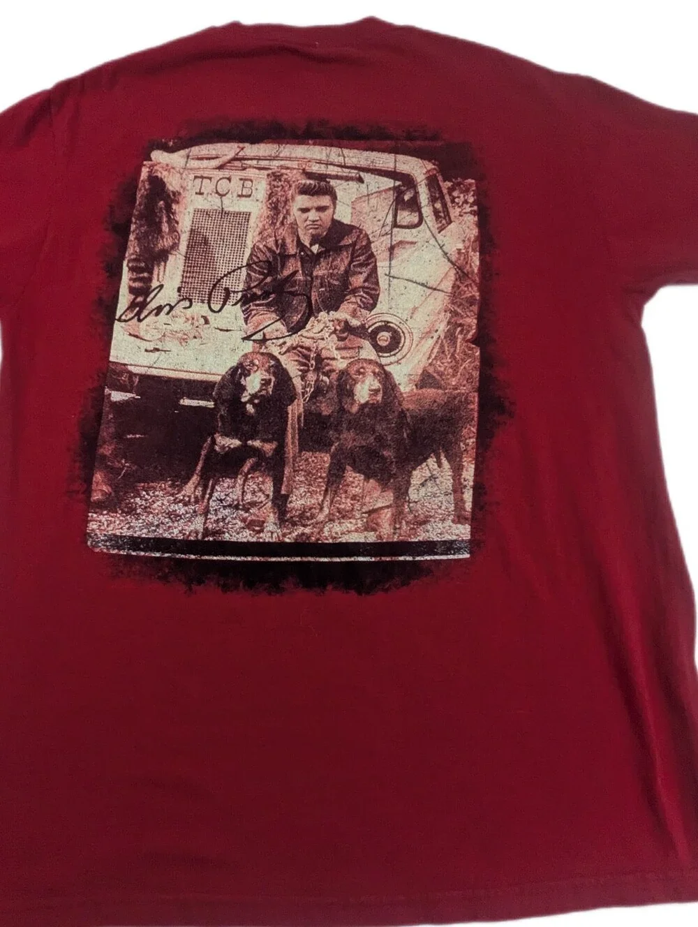 Elvis Presley Men's T-shirt Featuring Hound Dogs TCB Maroon Color Large